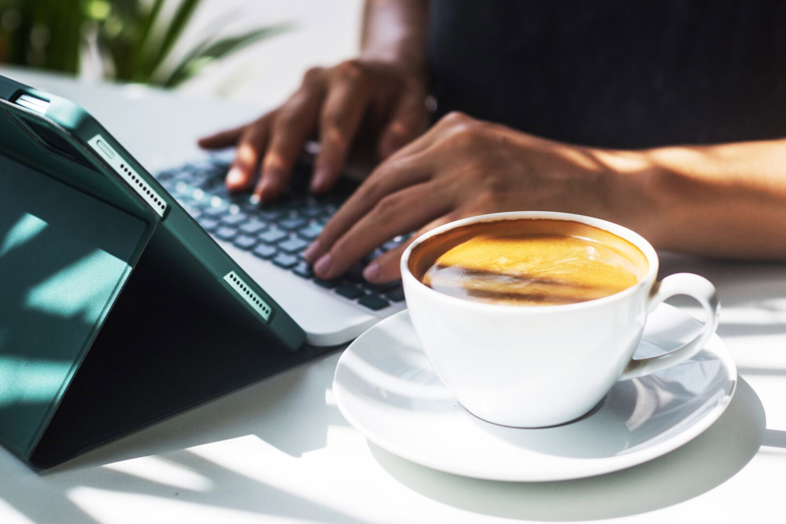 Woman,Drinking,Strong,Coffee,In,The,Morning,And,Working,On